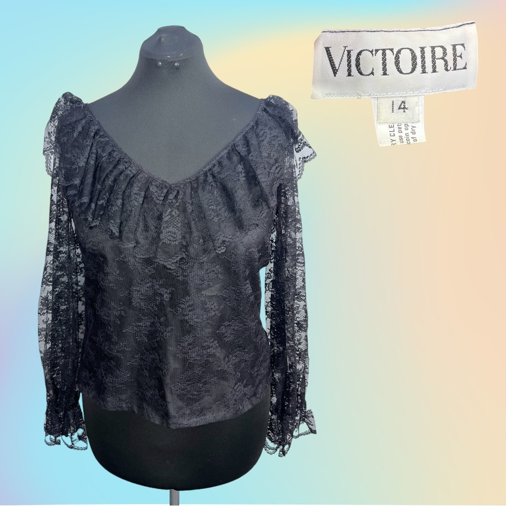 VTG GOTH Black Lace VICTOIRE V Cut Ruffle Front Button Back Top Vintage Sz 14